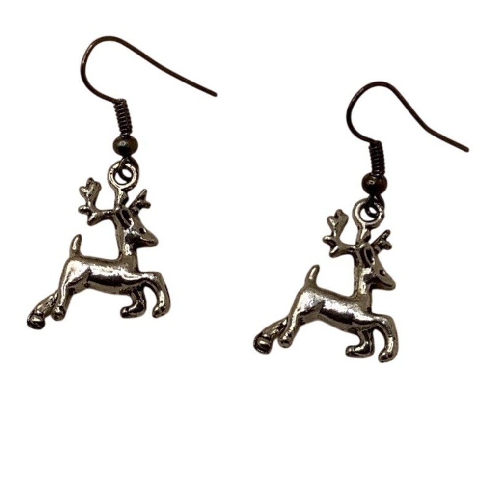 Silver Reindeer Drop Earrings Holiday Christmas Jewelry Gunmetal Tone Festive